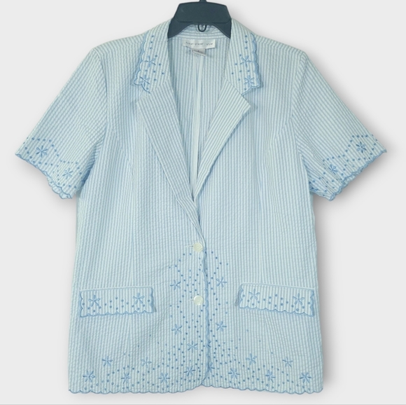 Susan Graver Size Medium Blue & White Striped Grannycore Coastal Eyelet Blazer - Picture 1 of 7